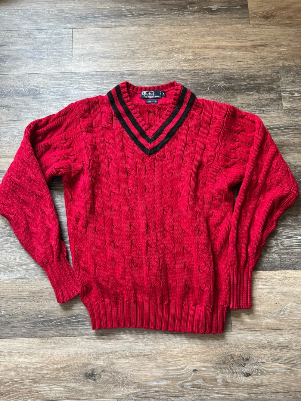 Vtg Polo Ralph Lauren Red Cable-Knit V-Neck Sweater with Contrast Trim sz M